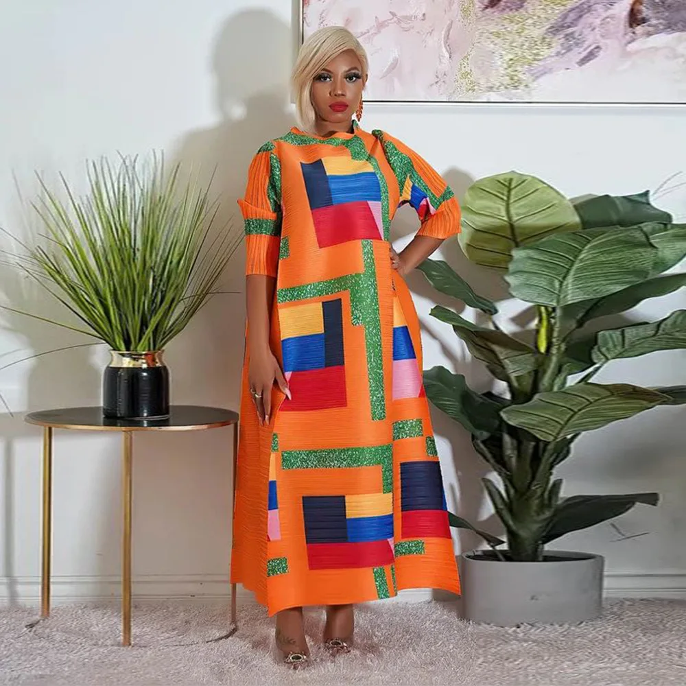 

Cutubly Women's Boho Loose Sweater Dress Plaid Printed Wrist Sleeve Pleated Dresses 2023 Fall Clothes Vintage Long Party Vestido