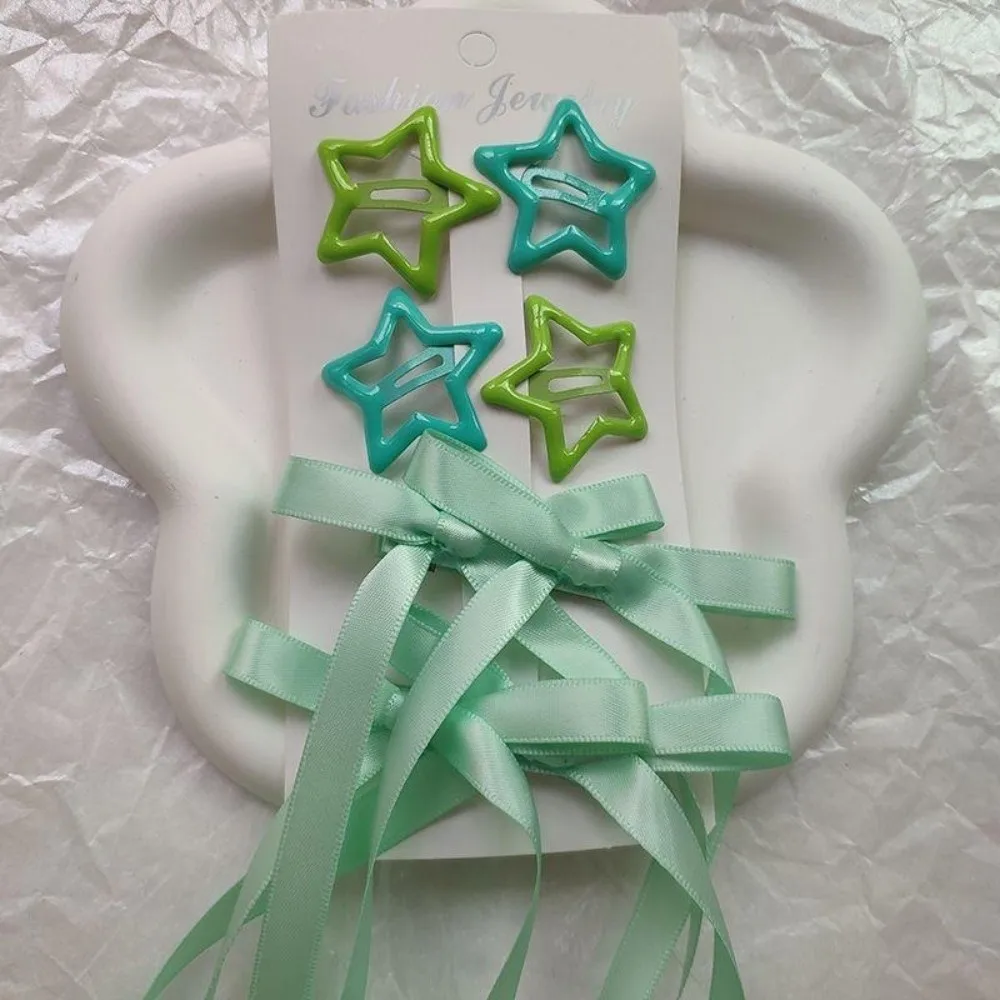 6-teiliges Set Bunte Schleifen-Haarspangen mit Sternen, Lange Schleifenknoten-Haaraccessoires, Band-Haarschmuck-Set – Detail 10