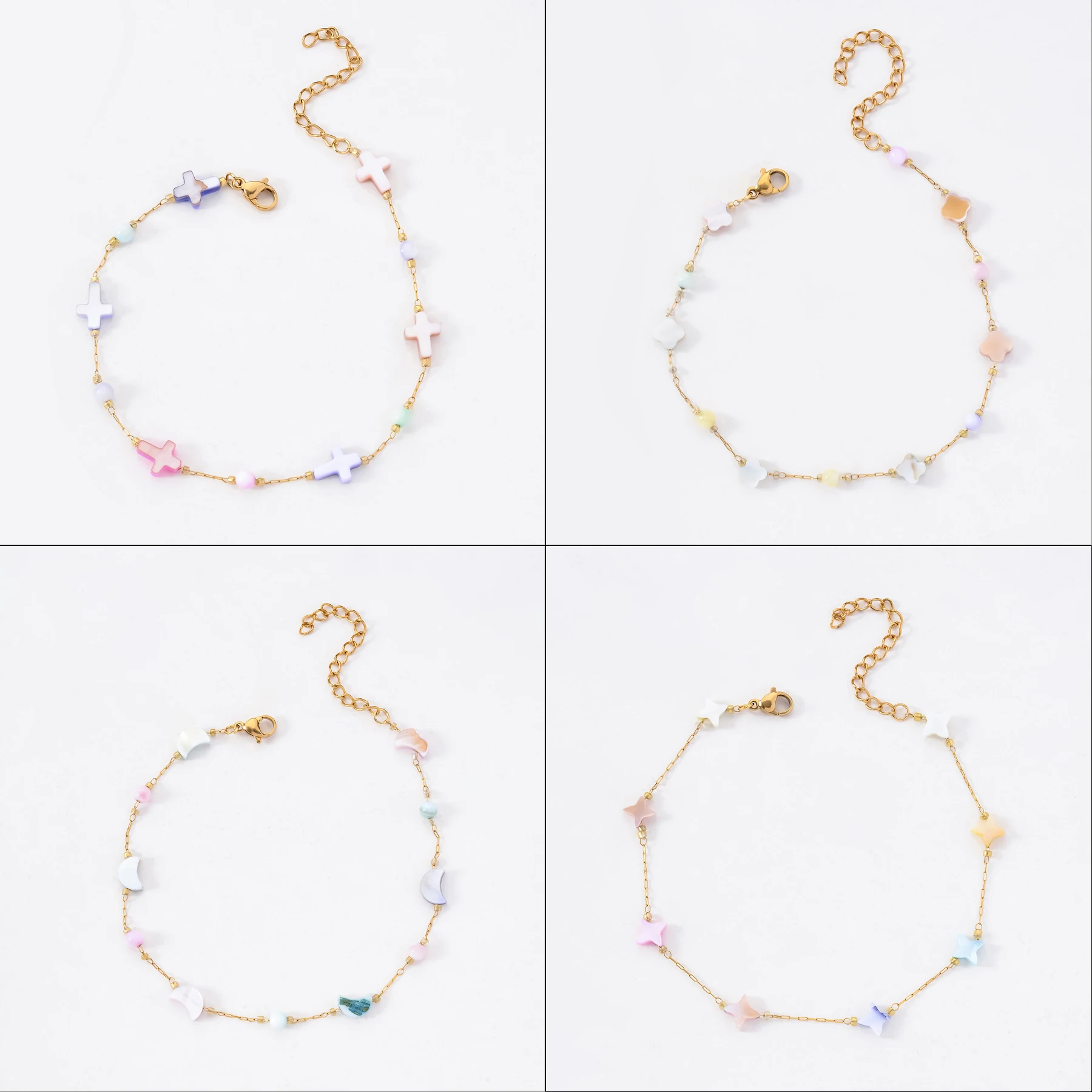 1 Stück Edelstahl Mehrfarbige Muschel-Perlenkette für Frauen Stern-Mond-Anhänger Böhmische Fußkettchen Armbänder Halskette Schmuck