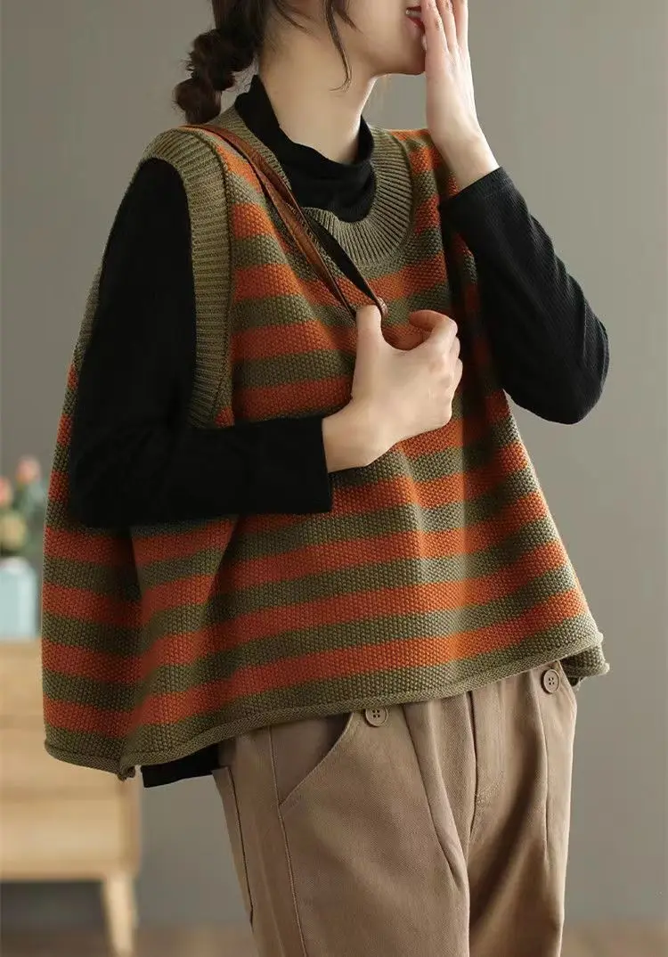 Description Picture 6 of itemVintage Striped Spliced Sweater Vest Spring Autumn Korean Loose Women's Clothing Casual Round Neck Sleeveless Knitted Jumpers