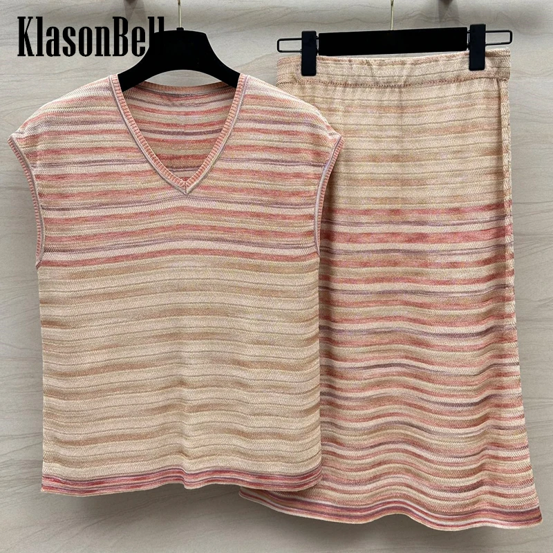 

4.29 KlasonBell Classic Striped Contrast Color V-Neck Sleeveless Tank Top Or Elastic Waist Knit Skirt Temperament Women Set