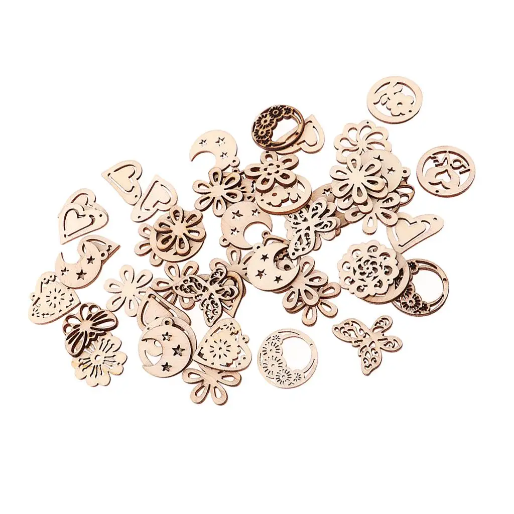 

50 Pieces Assorted MDF Wood Shape Cutouts Wooden Ornaments Embellishment Gift Tags Wedding Decoration DIY Window Chimes