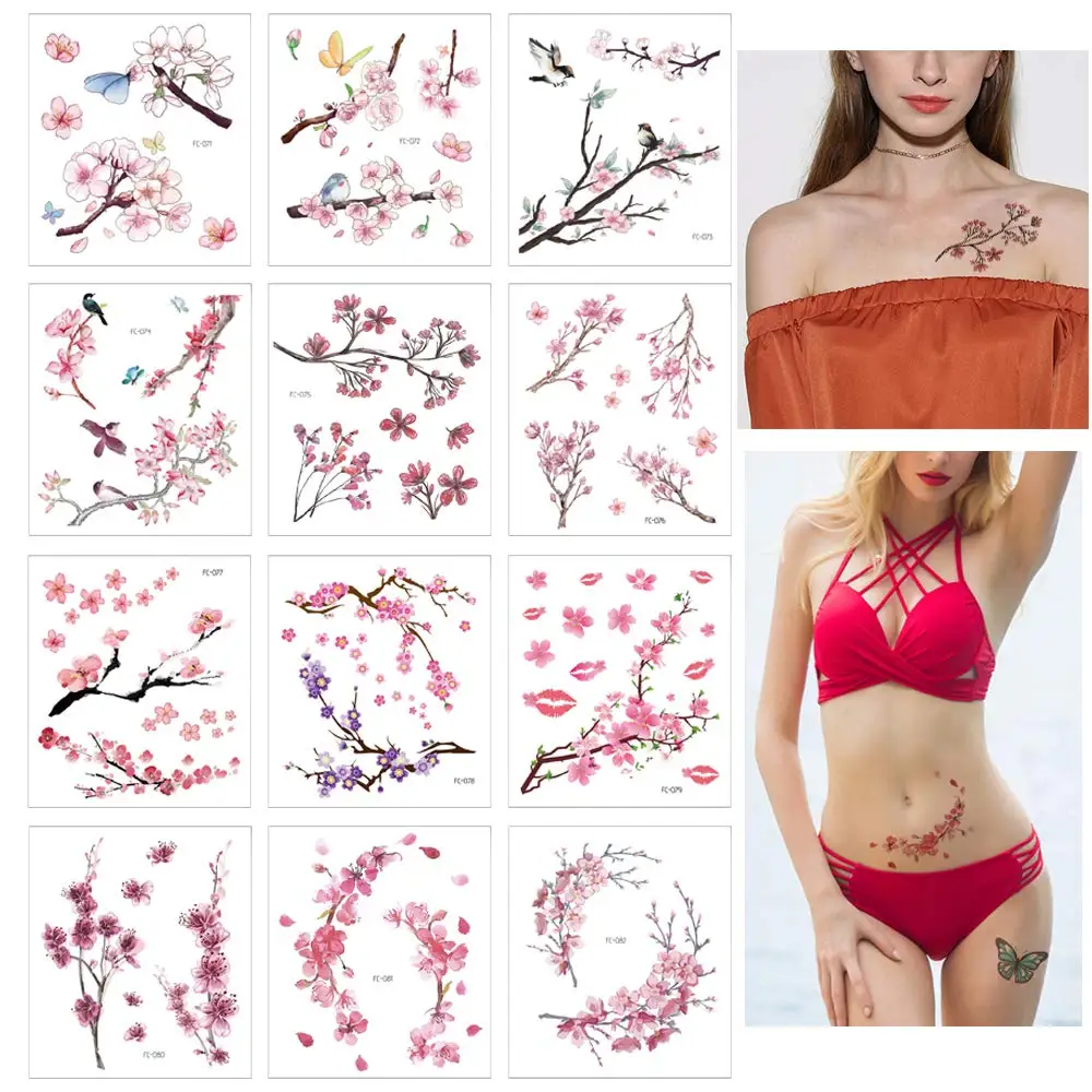 12 Sheets Flower Tattoo Stickers For Women Sakura Cherry Blossom Temporary Tattoos Waterproof Body Arm Chest Fake Taty Girls - AliExpress
