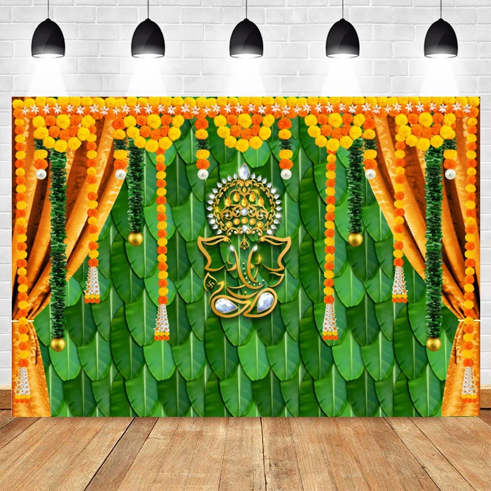 

India Pooja Traditional Backdrop Marigold Green Banana Leaf Chatiya Ganesh Festival Background Puja Ganpati Wedding Party Decor