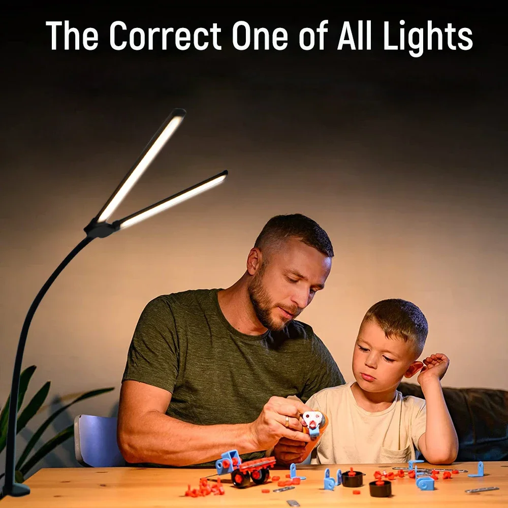 Desk Lamp LED Double Head Stepless Dimming Eye-Caring 3 Color Mode Flexible Adjustable PC Office Table Lamp