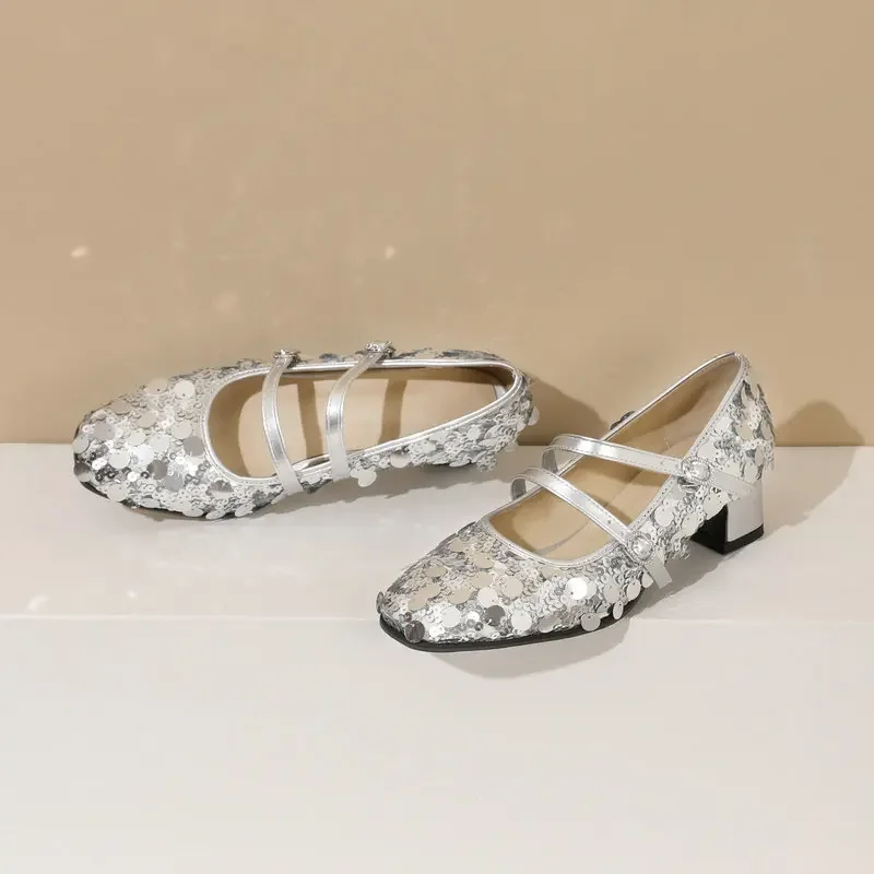 Women's Bling Mary Janes Shoes Sparkly Sequin Sweet Lolita Pumps Strap Buckle Chunky Heels Girls Dance Evening Party Footwear
