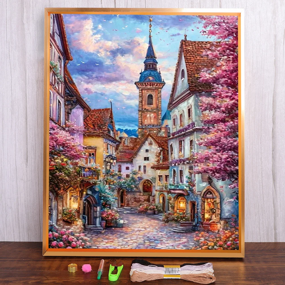 Landschaft Stadt Kirche bedruckter Stoff 11CT Kreuzstich-Set Stickerei Handarbeiten Hobby Stricken handgemachte Zahnseide Paket gezählt