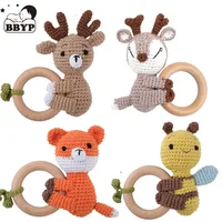 1pc BPA Free DIY Crochet Elk Fox Bee Baby Teether Wooden Teether Ring Rattle Newborn Teething Nursing Soother Molar Educational 1