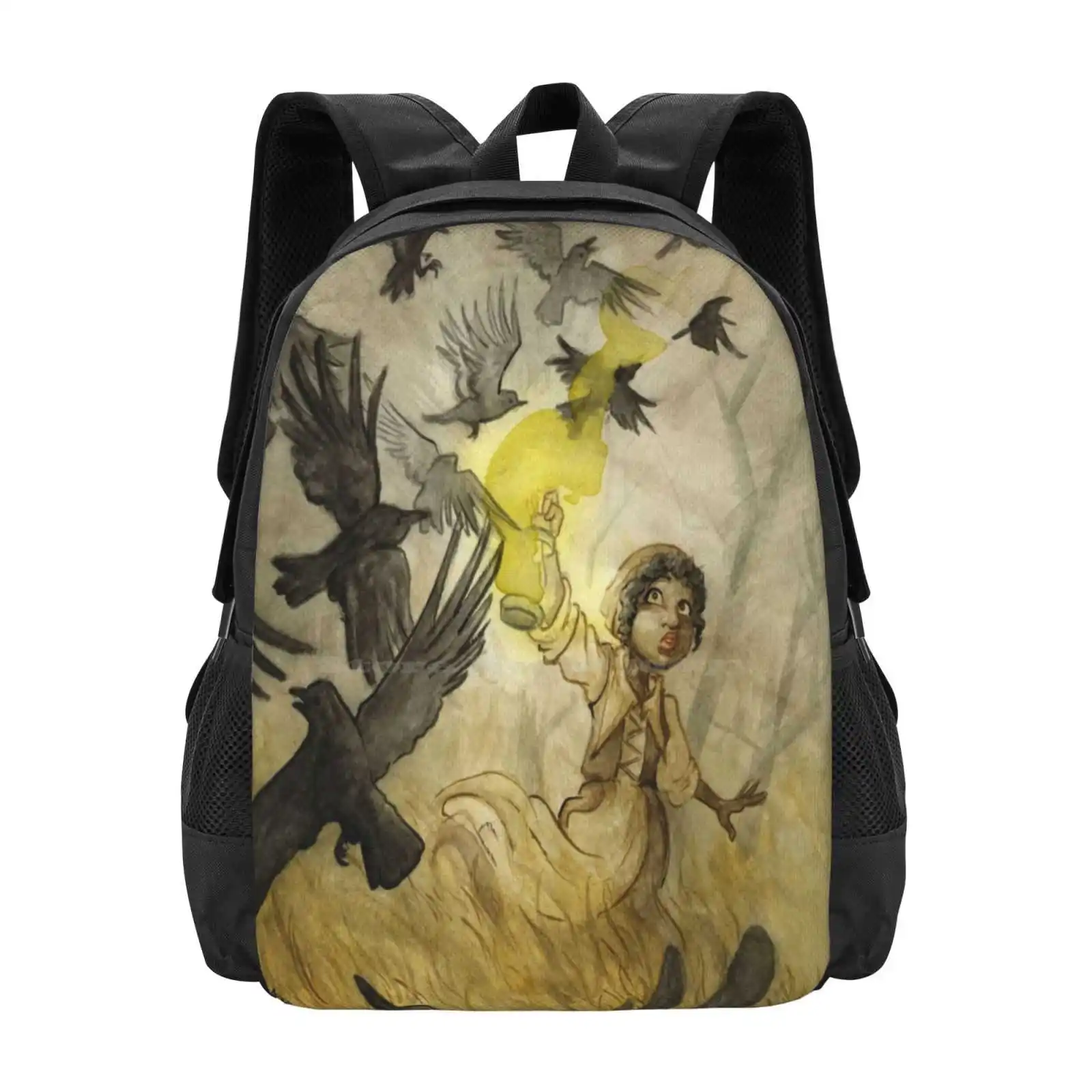 Campo Di Corvi Teen College Student Zaino Pattern Design Bags Field Crow Raven Gazza Bird Lantern Torch Fire Flame Mist Fog