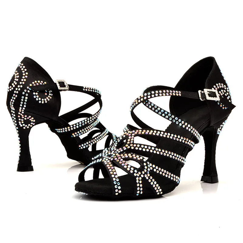 

Customized Latin Dance Shoes Women's Dinner Dance Shoes Black Satin Shiny Rhinestones Salsa Shoes High Heels 9CM