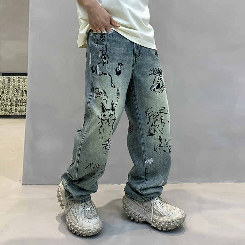 High street handsome men's jeans personalized graffiti printing casual pants spring and summer models trend loose straight pants 3