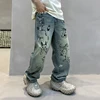 High street handsome men's jeans personalized graffiti printing casual pants spring and summer models trend loose straight pants 3