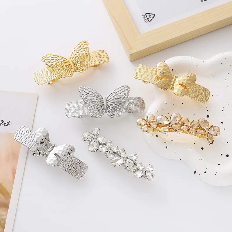 New Fashion Hollow Metal Bow Simple Spring Clip Baroque Women's rhinestone Hair Clip Jewelry