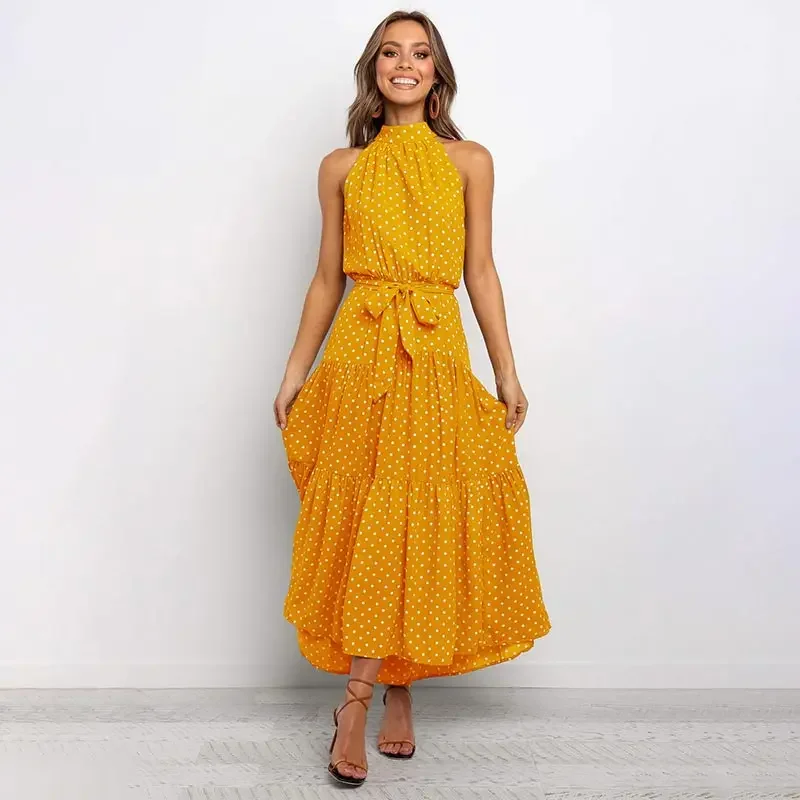 

WYBLZ Summer Casual Long Dress Boho Style Halter Polka Dot Dresses Women Elegant Party Print Maxi Dresses Ladies Vestidos Mujer