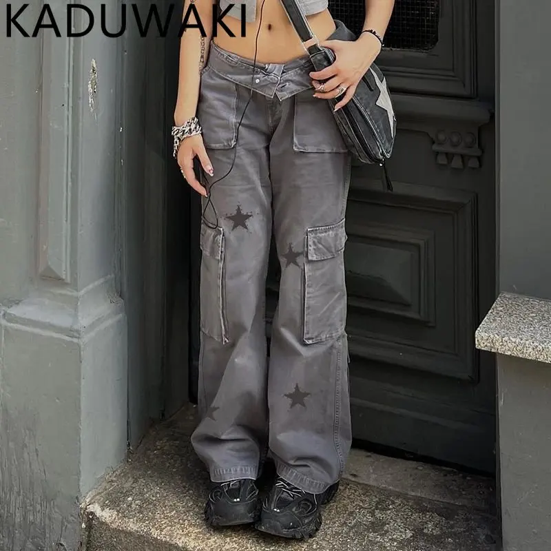 

Y2K Streetwear Pockets Up Cargo Jeans Grey Star Printing Low Rise Gothic Straight Pants Denim Grunge Baggy Pants Vintage