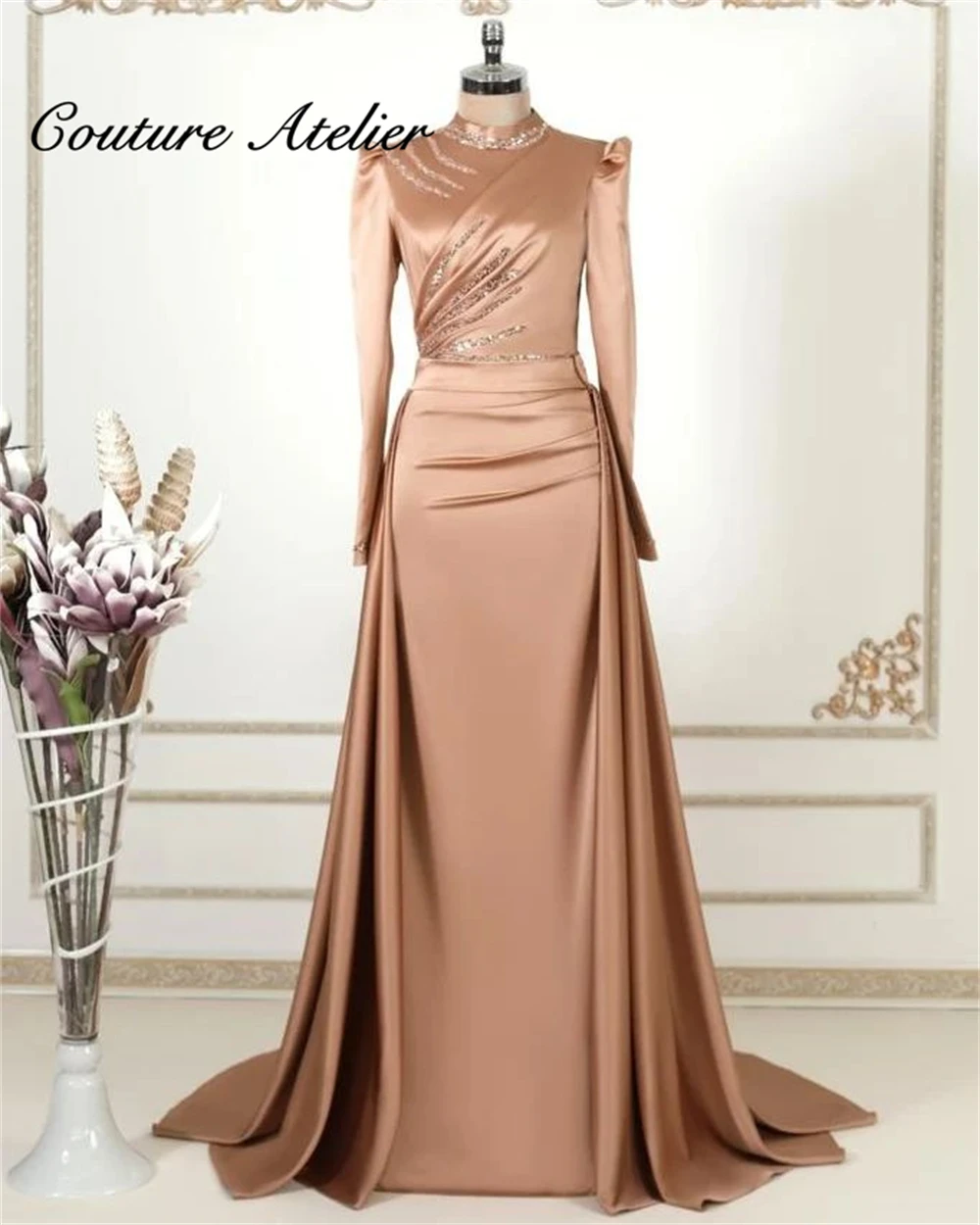 Turkey Satin Muslim Evening Dresses Long Sleeve Luxury Party Dress 2022