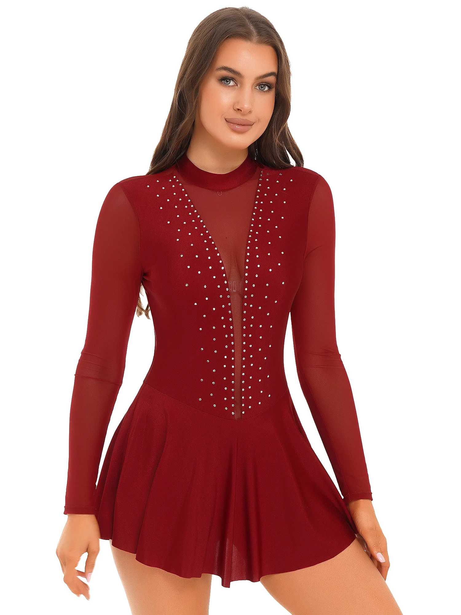 

Women's Sparkly Rhinestone Figure Ice Skating Cutout Back Dress Sheer Long Sleeve Leotard Ballet Dresses Performance Dance