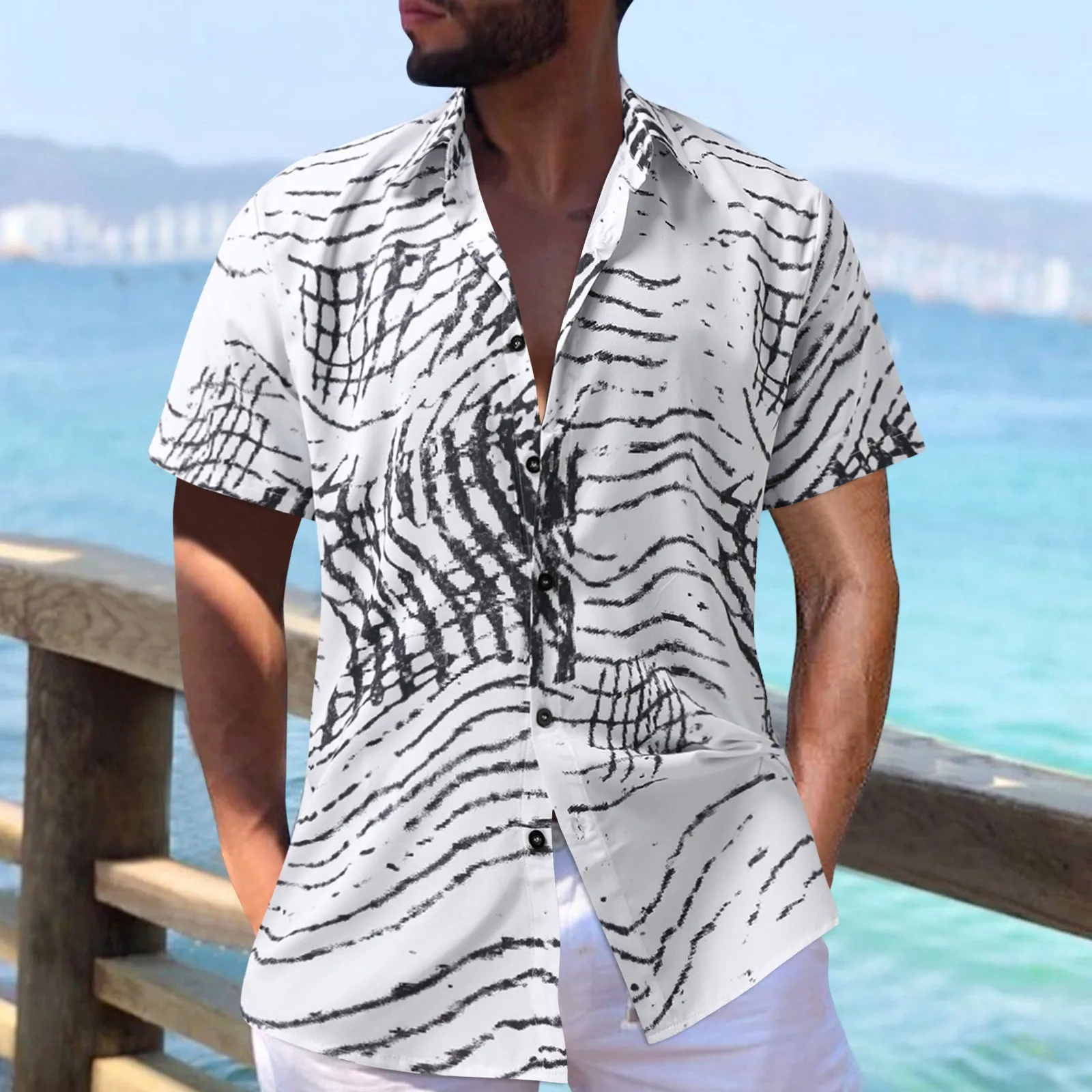 

2023 New Men's Hawaiian Shirt Short Sleeve For Men 3D Striped Printing Blouse Tops Casual Oversized Tee Shirt Clothing Camisa