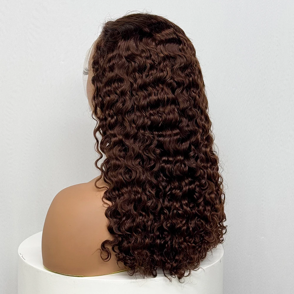 250% Density 20 Inch Chocolate Brown Water Wave Curly Front Human Hair Wigs 13x4 Transparent Lace Frontal Wig 4# Brown 99J Color