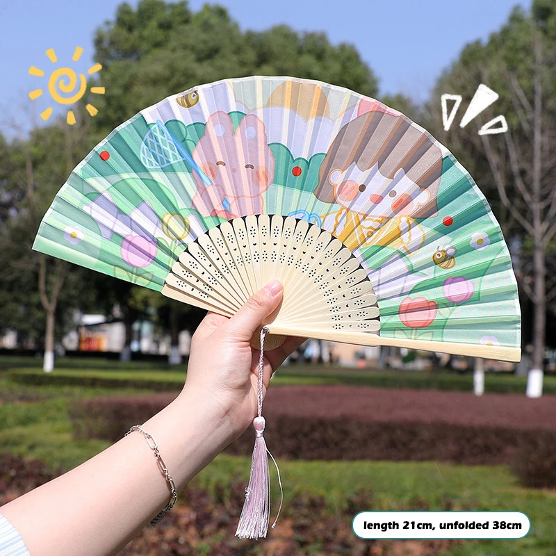 01 Woysisi Cartoon Animal Print Mini Folding Bamboo Hand Fan Kids Summer Hot Day Cooling Tool 