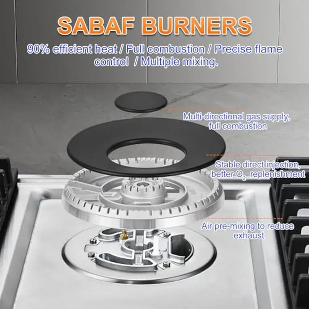 Efficient 30" Gas Cooktop 5 Sealed Burners Italian SABAF Design 304 Stainless Steel Knob Control Dual-Use Grill Pan Safety 3