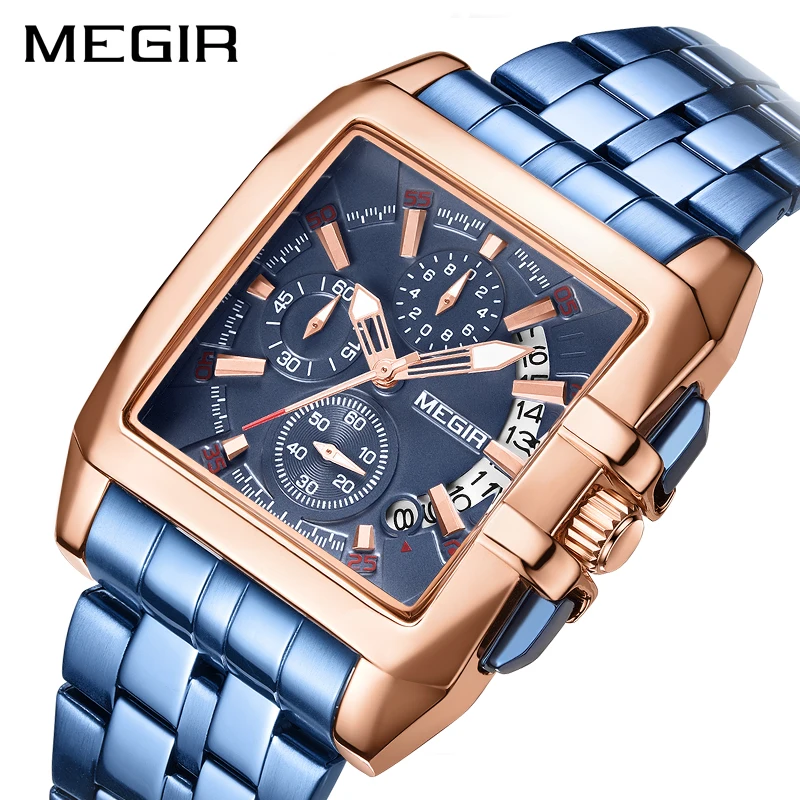 

MEGIR Fashion Blue Steel Strap Quartz Watch For Men Business Watch Watch Multifunction Chronograph 3ATM Waterproof Reloj Hombre