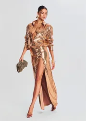 Golden Sequins Women Suit Skirt Set 2 Pieces Jacket+Prom Dress Sexy V Neck Full Sleeves Shiny Coat Evening Party Gown In Stock
