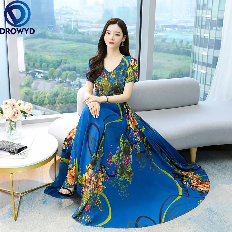 

2023 Summer Elegant Women Boho Beach Maxi Dress Party Bodycon Blue Sexy Loose Prom Vestidos Vintage Chiffon Casual Midi Sundress