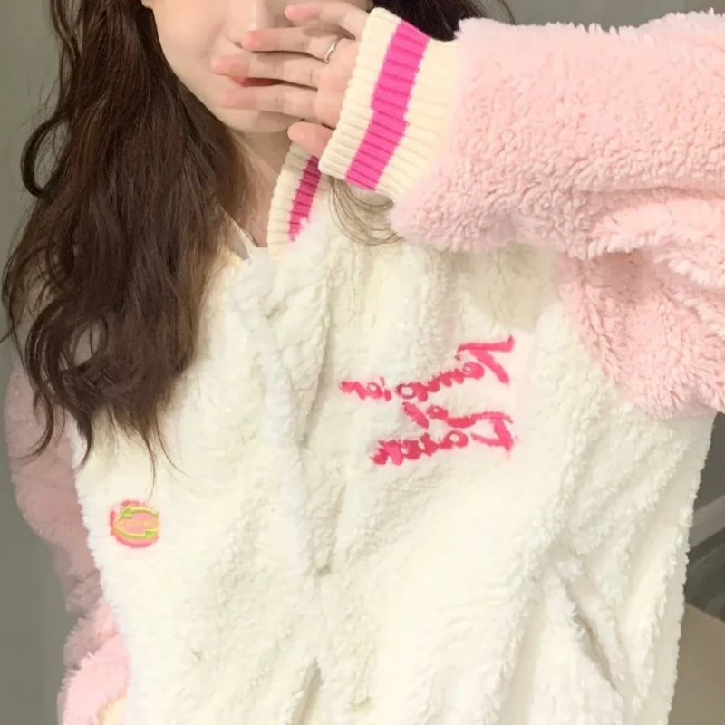 

Deeptown Women Baseball Jacket Y2k Harajuku Lambs Wool Button Varsity Jackets Preppy Style Oversize Fleece Coats Pink Clothes