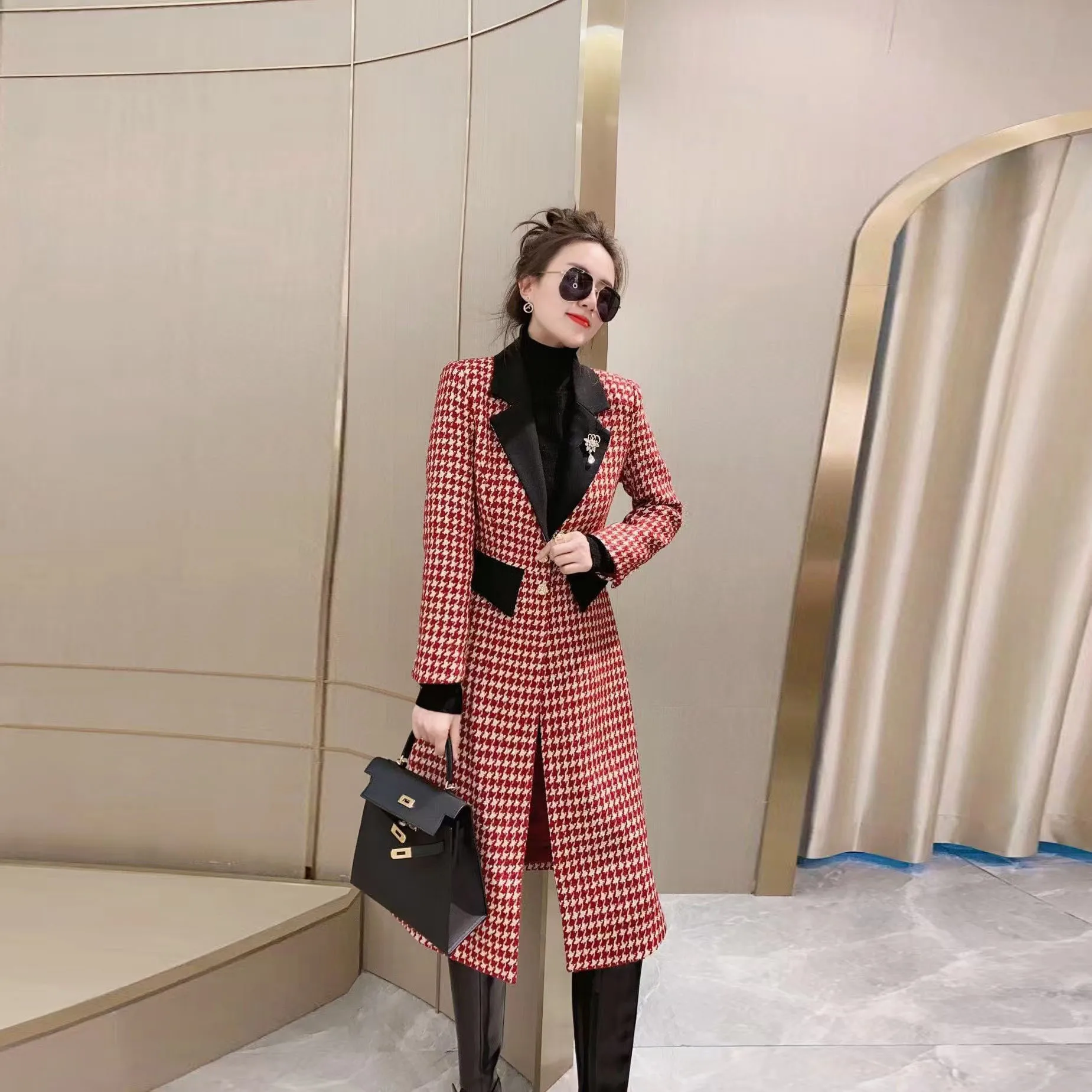 

A Hair Replacement Tweed Coat Women'S 2021 Winter New Contrast Suit Collar Houndstooth Mid-Length Trench Coat