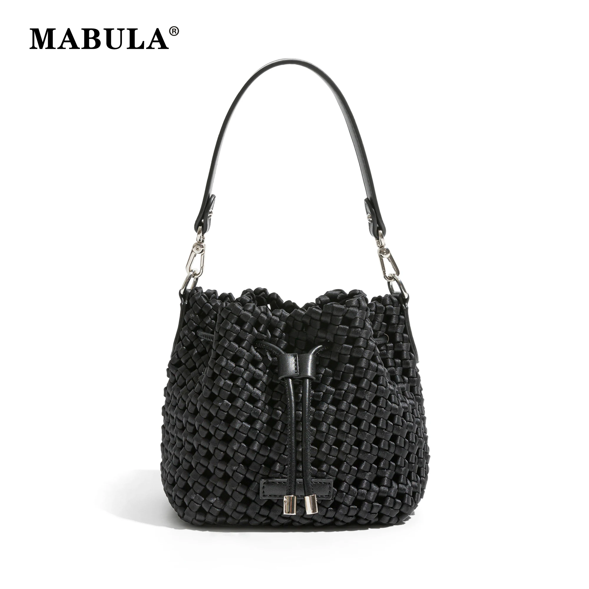 

MABULA Handweave Satin Bucket Tote Bag for Women Hollow Design Basket Handbag Brand Luxury Drawstring Ladies Crosbbody Purse
