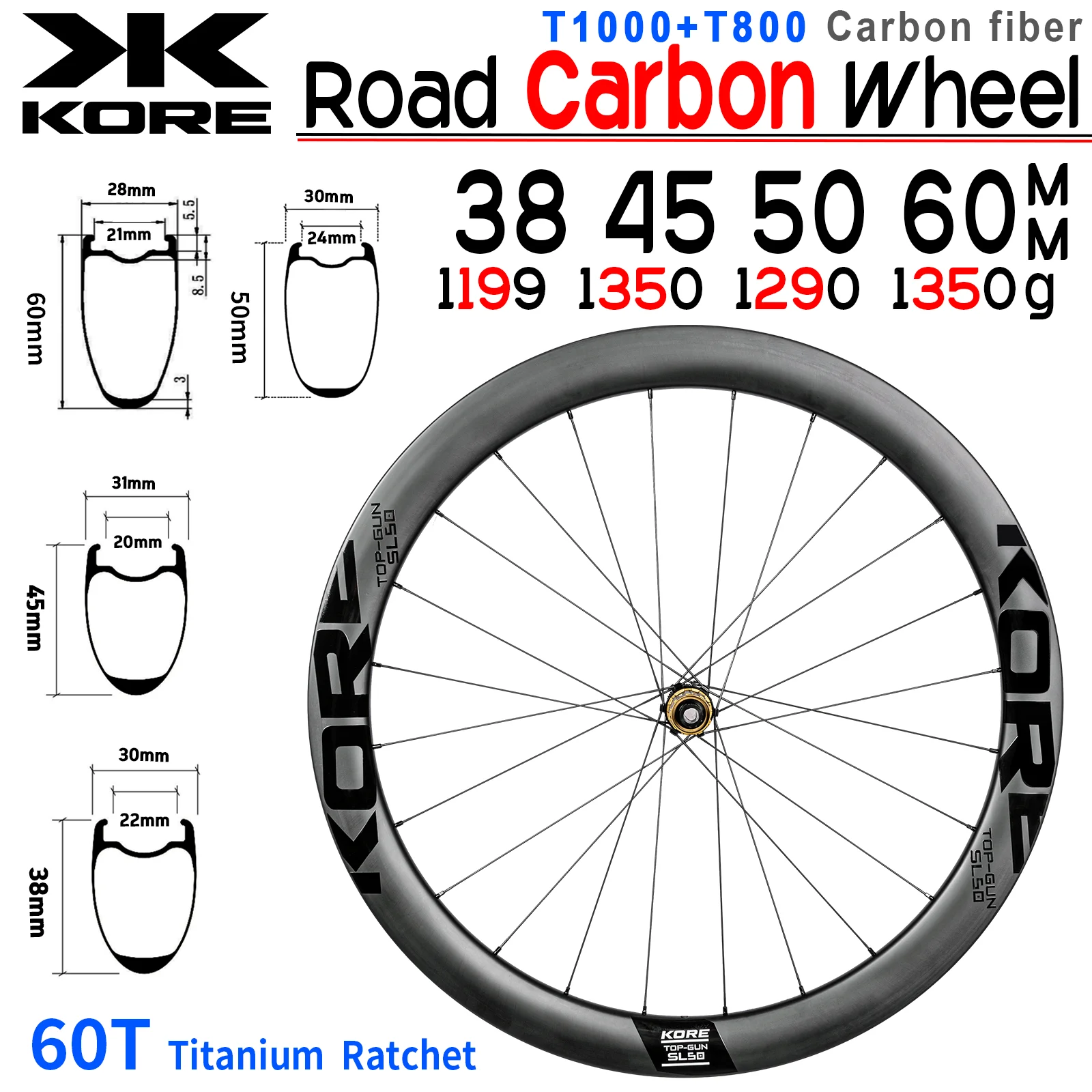 KORE 700C Carbon Disc Rims,38/45/50/60mm Wheelset ,60T Titanium