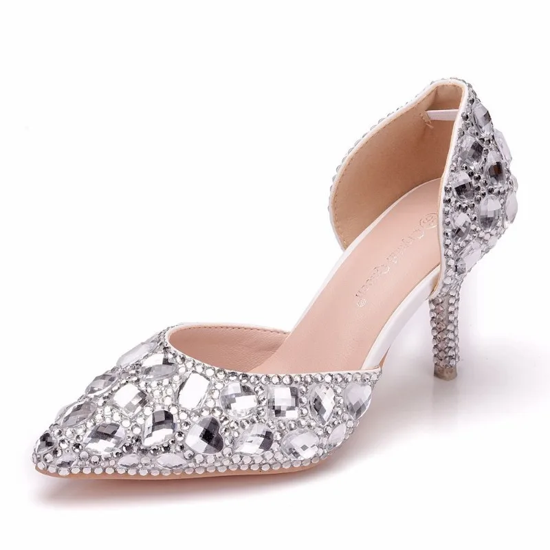 Woman Pumps High Heels Sandals Rhinestone Slip On PU Thin