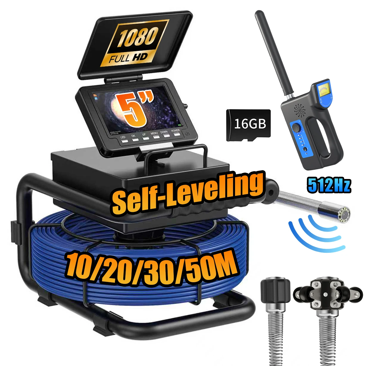 Sewer Inspection Camera - 512Hz Self-Leveling Sewer Camera with 10/20/30/50M Fiberglass Cable , IP68 Waterproof Sewer Endoscope 1
