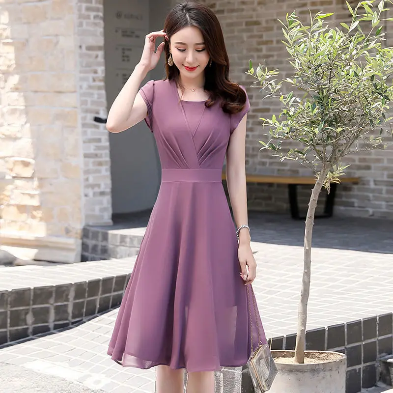 

Fake two-piece high-end dress female 2023 summer solid short sleeve slimming mid length westernized popular dress female tops