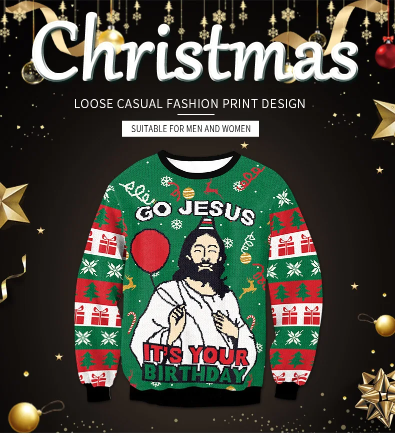 

2023 New Fashion Men Women Christmas Jesus Life of The Party Letter Printed Long Sleeve Round Collar Sweatshirt Christmas Party