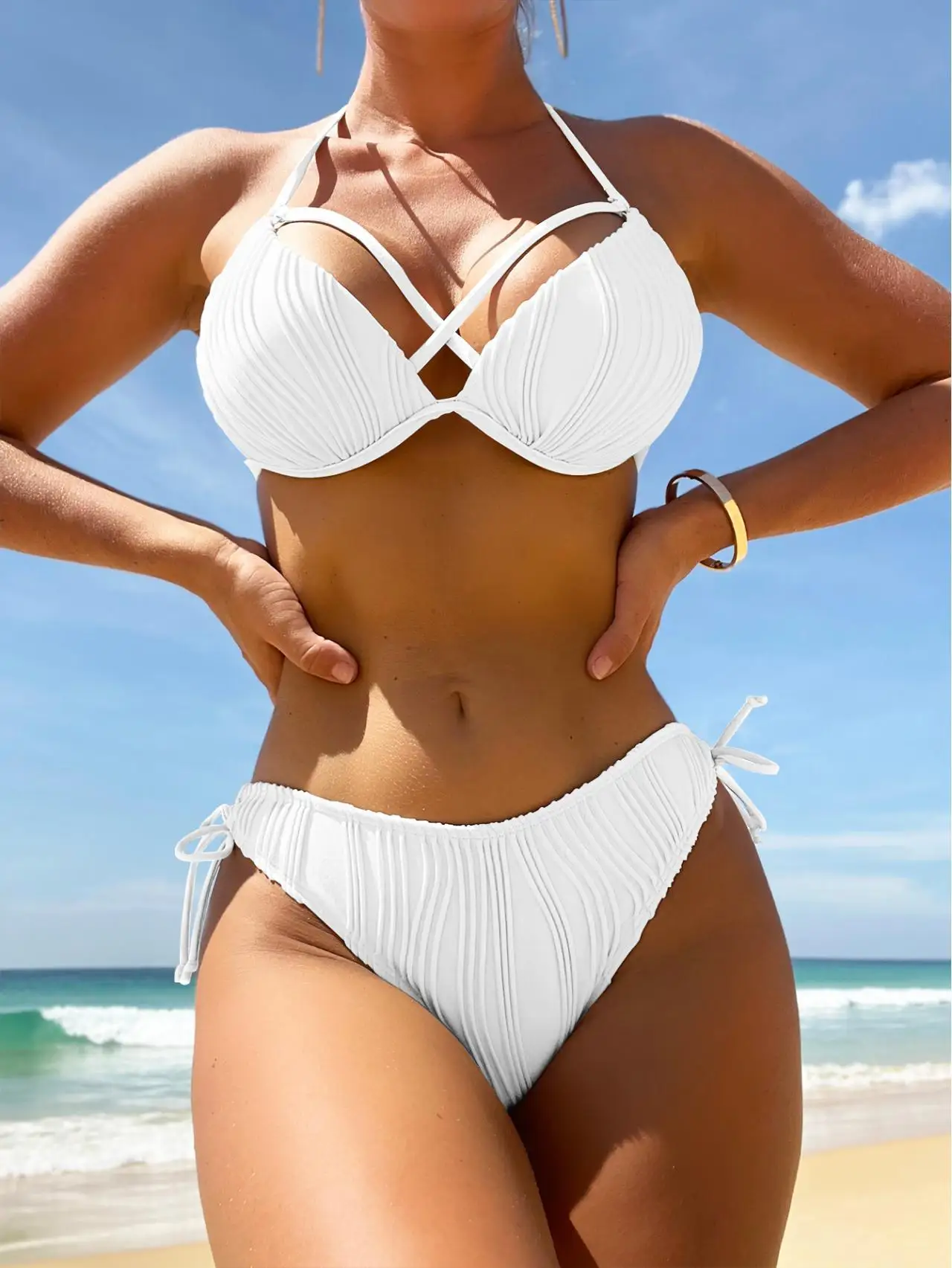 New Sexy Lace up High Waist Bikini Sleeveless Leisure Split Swimsuit Beige White Push Up Bikinis Plus Size Swimwear 2023
