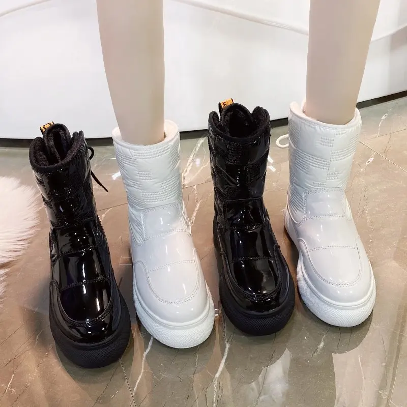 Waterproof Warm Ankle Boots Women Snow Shoes Platform Botas Mujer PU Leather Winter Thick Plush Boots Ladies 2023 New White