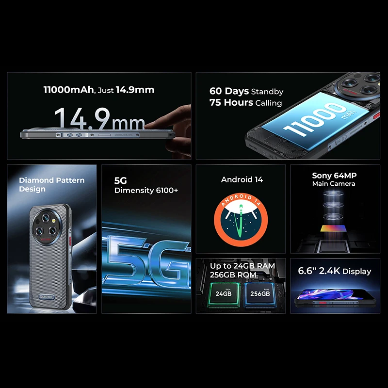 Oukitel WP35 5G Rugged Smartphone 2.4K Display MTK Dimensity 6100+ 11000mAh 8GB+256GB 64MP Rear Camera Mobile Phone Android 14 2