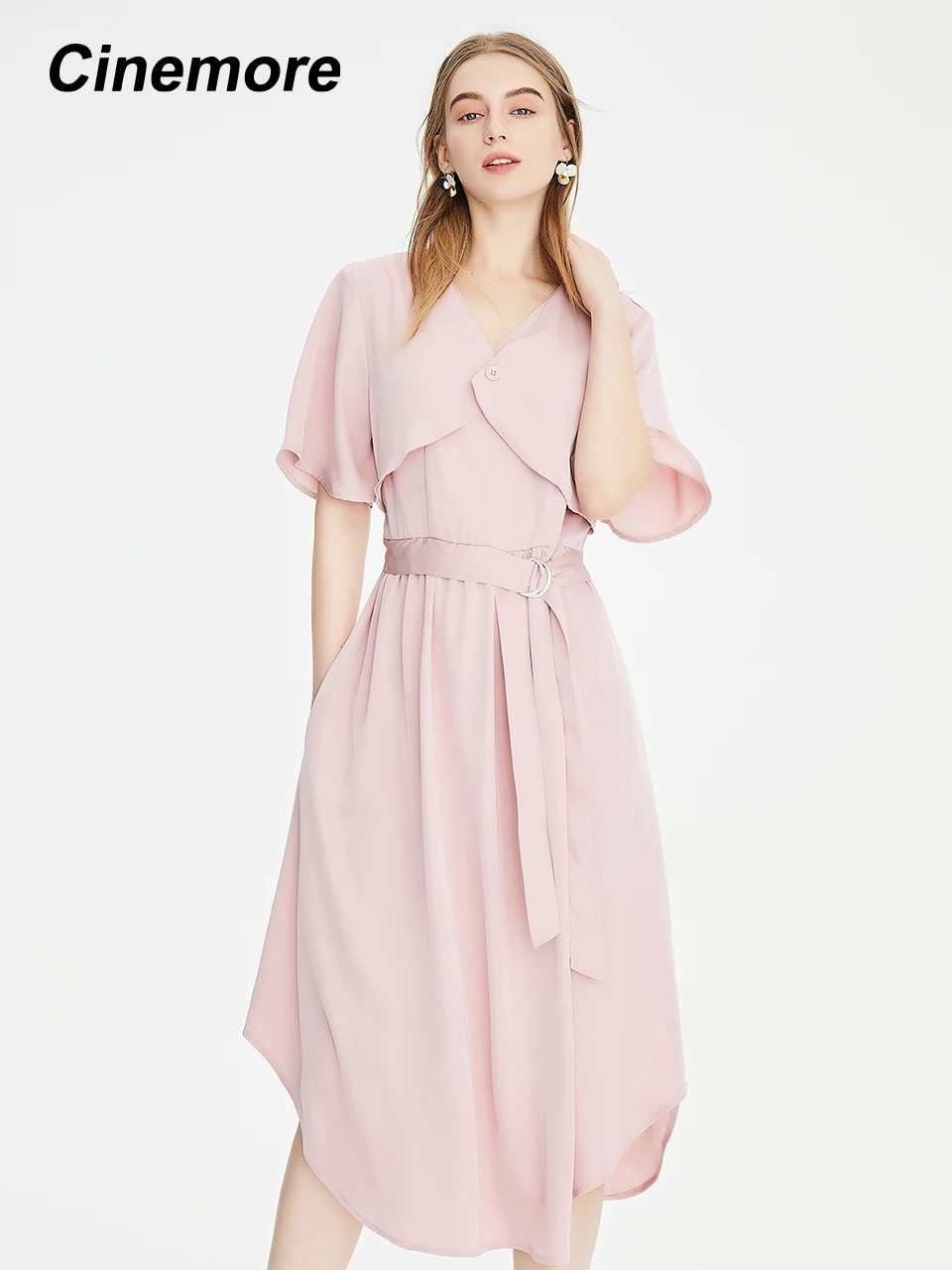 

Женское Повседневное платье с коротким рукавом и V-образным вырезом, элегантное однотонное розовое платье с поясом, Q92259, 2021