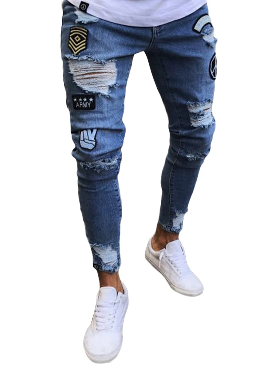 

Embroidery Hip-Hop Tight Pants Fashion Zipper Breathable Demin Pants Men's Slim Ripped Jean High Waist Stretchy Male Jeans