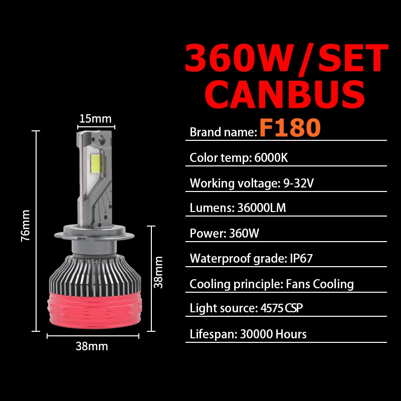 F180 H7 LED Headlight Bulb 360W Canbus Luces Auto Fog Lights H4 H7 HB3 H11 Led Light Led Bulb Fog lamp