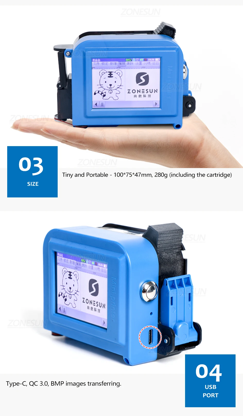 Ручной струйный принтер ZONESUN, портативная машина для кодирования даты, QR-код, штрих-код, серия, серийный номер, печатная машина для бутылок ZS-DC1 