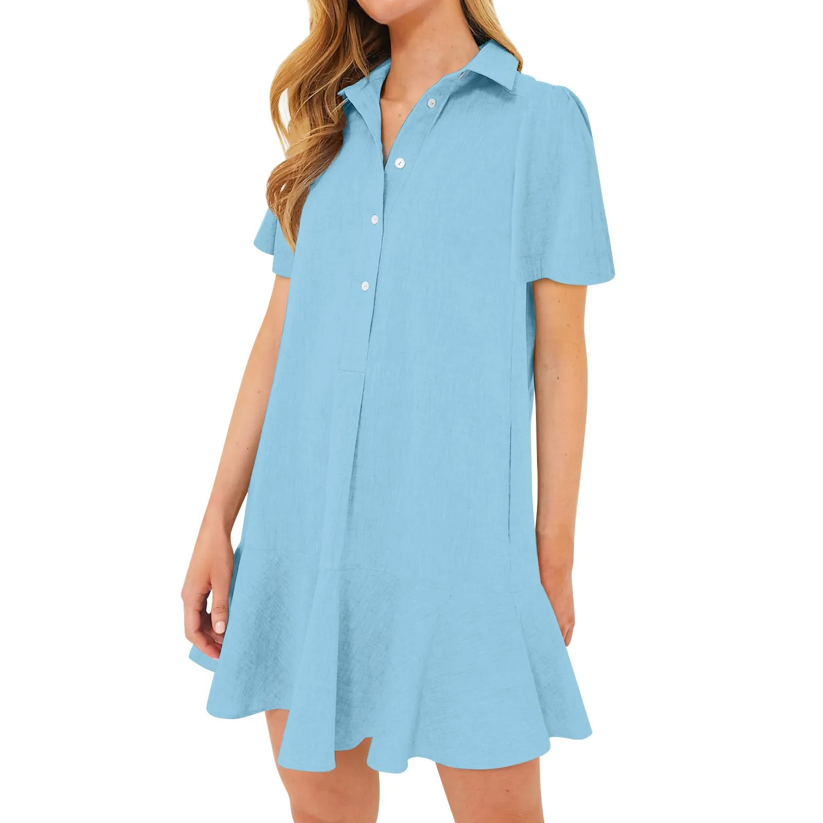 

Women's Fashion Casual Half Open Shirt Hem Ruffle Korean Fashion Clothing Temperament Dresses vestidos para mujer платье летнее