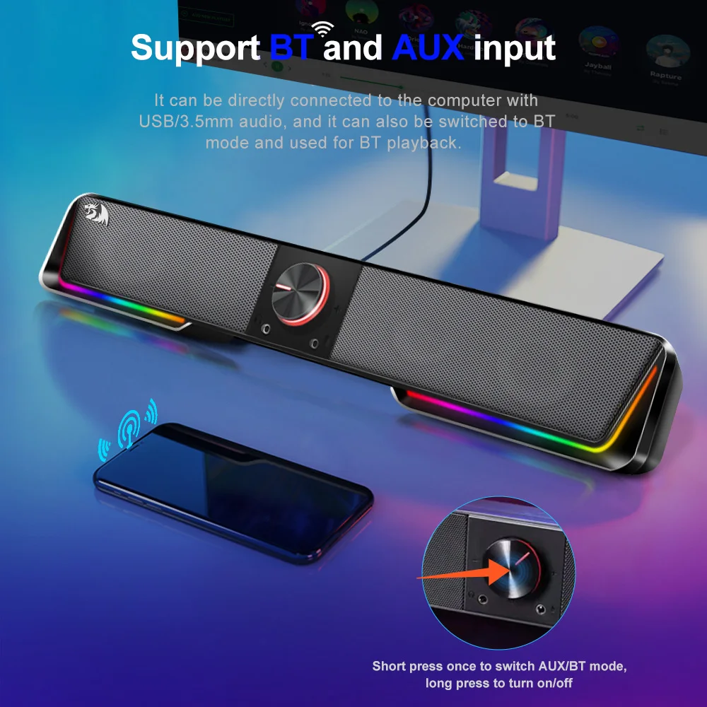 REDRAGON GS570 Darknets RGB 스피커 지원 Bluetooth 무선 aux 3.5 컴퓨터 PC 용 서라운드 컬럼 사운드 바 스피커