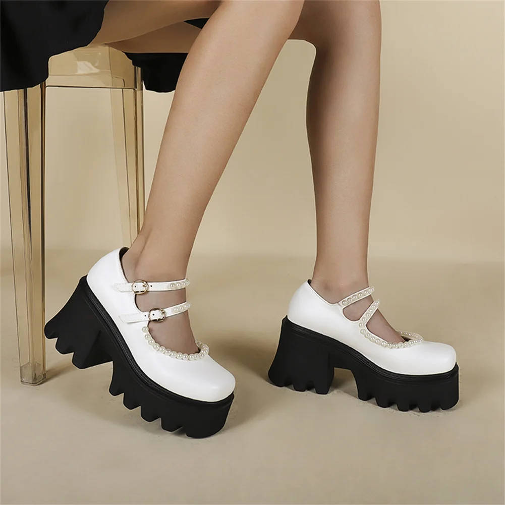 

Autumn Brand New Fashion women's Mary Jenas Platform Spring Chunky High Heels Bead Pumps Woman Shoes Large Size Sweet Elegant