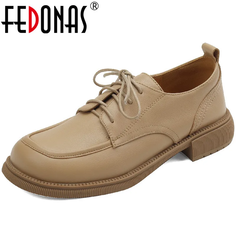 

FEDONAS 2023 Women Pumps Spring Autumn Genuine Leather Working Casual Students Classic Lace-Up Low Heels Shoes Woman Retro Style