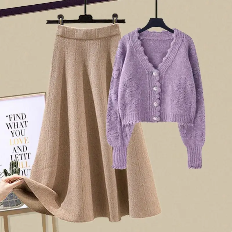 Autumn and Winter Set Women's 2023 New Korean Edition Slim Knitted Cardigan Top Casual Half Skirt Two Piece Set Fashion