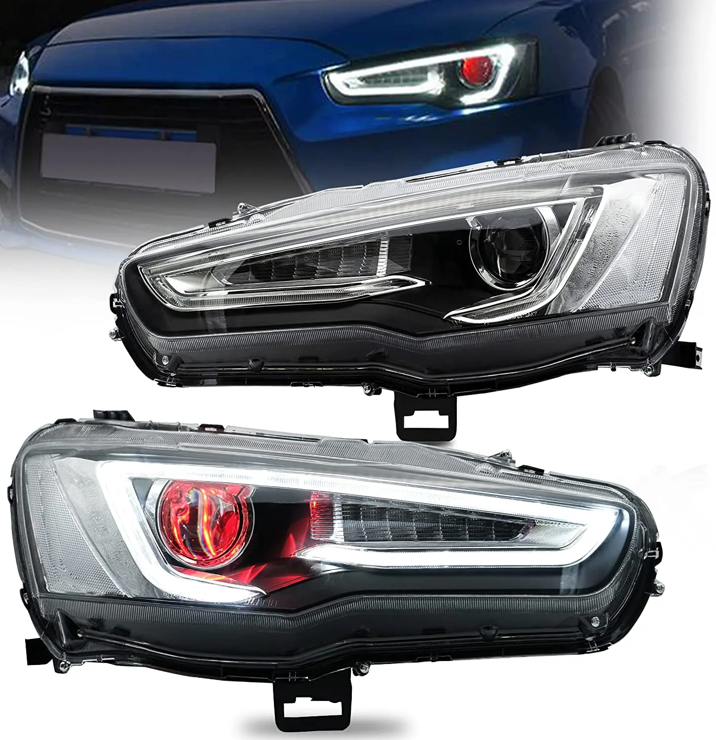 

Led Headlights for Mitsubishi Lancer& EVO X 2008-2020 Projector Front Lamp Assembly Clear Lens Sequential Demon Eyes