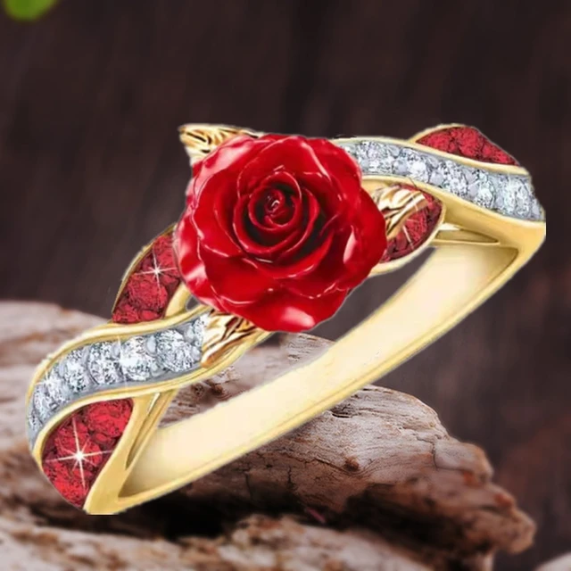 S Jewelry, Rose Gold Color Black Zircon Ring Vintage Flower With